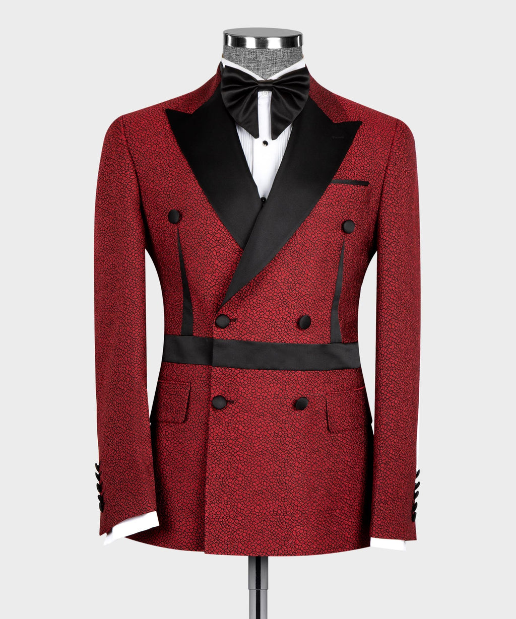 Red and Black Self Belted Double-Breasted Tuxedo