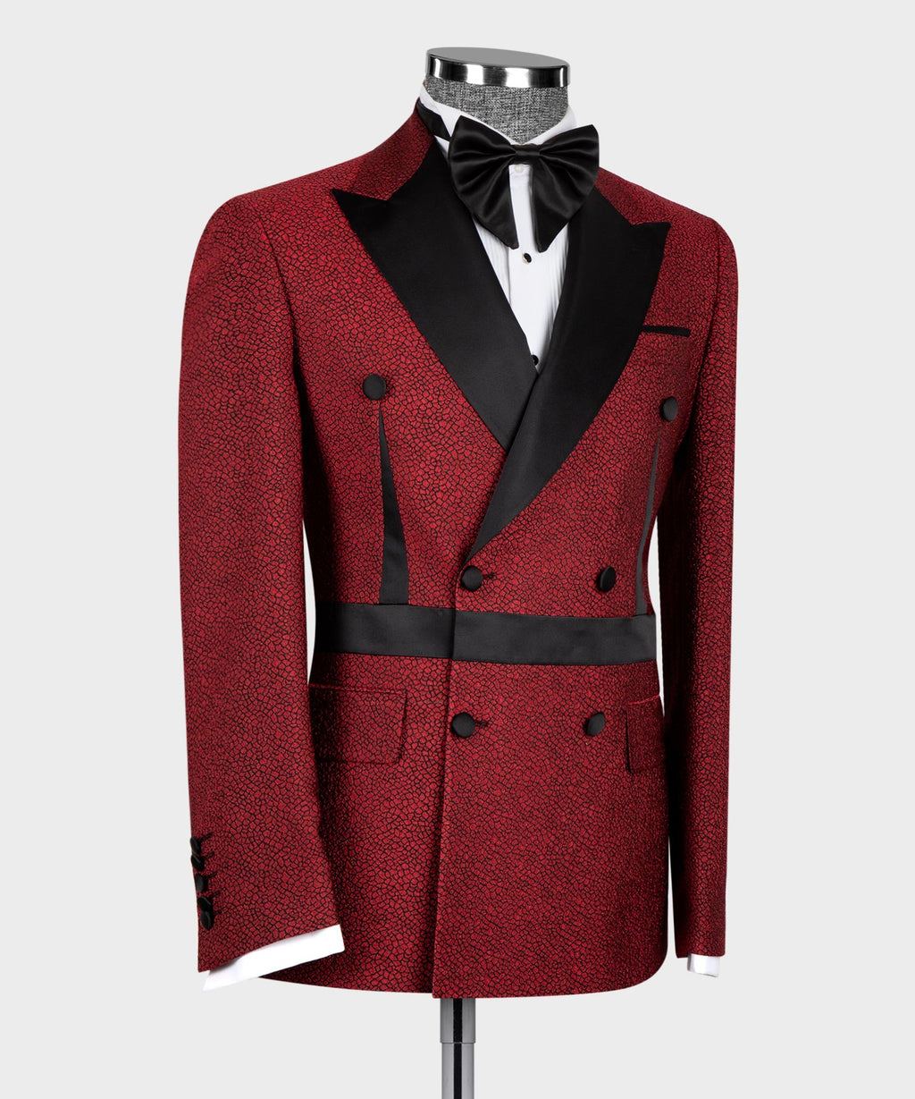 Red and Black Self Belted Double-Breasted Tuxedo