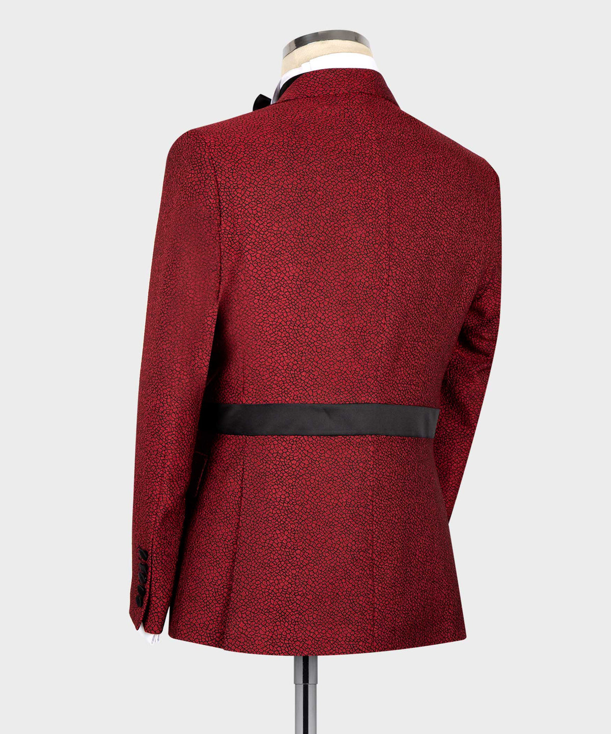 Red and Black Self Belted Double-Breasted Tuxedo