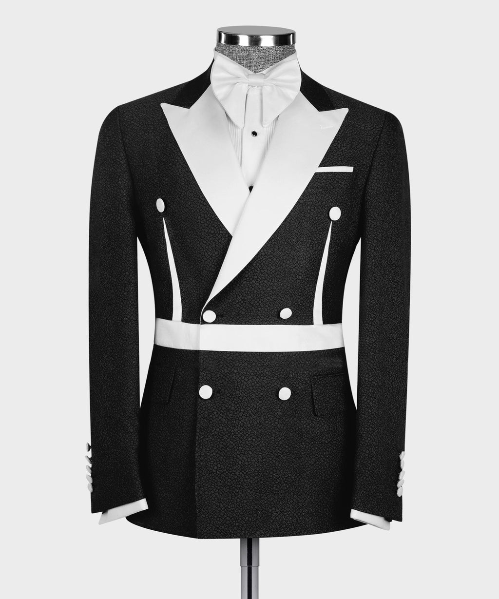 Black and White Self Belted Double-Breasted Tuxedo - Style 02