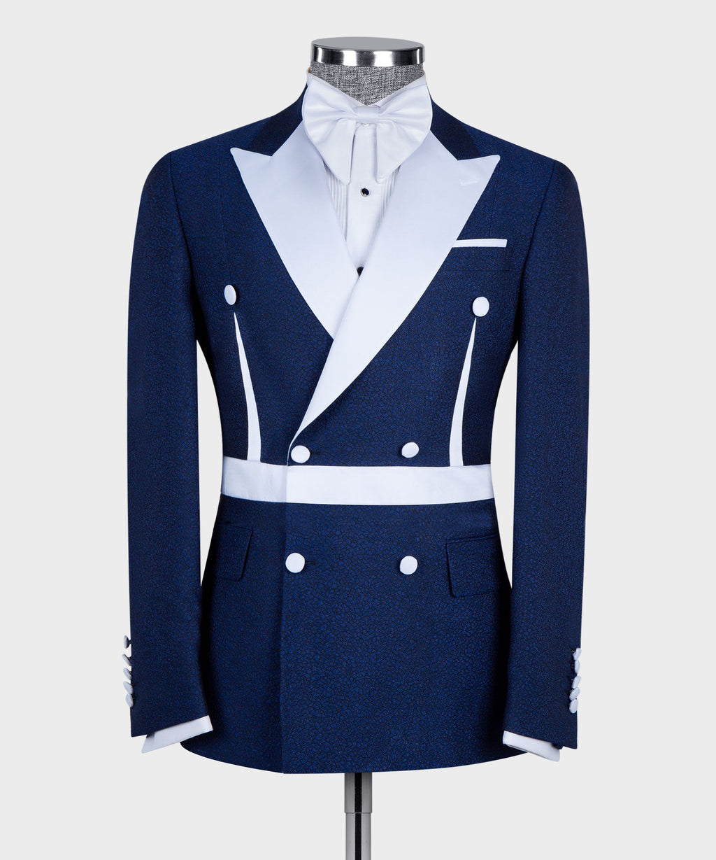 Blue and White Self Belted Double-Breasted Tuxedo
