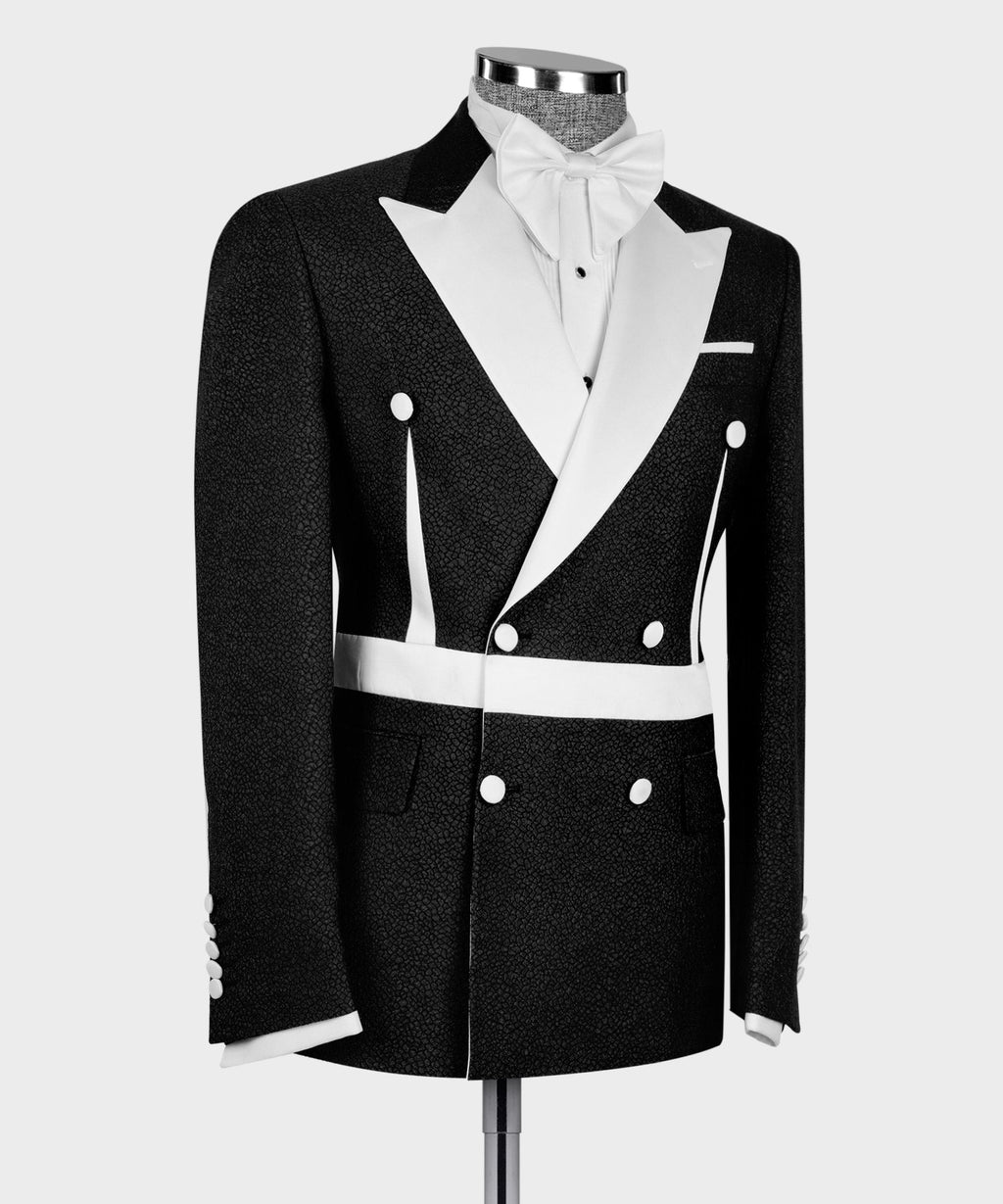 Black and White Self Belted Double-Breasted Tuxedo - Style 02