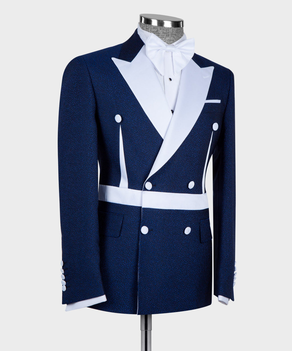 Blue and White Self Belted Double-Breasted Tuxedo
