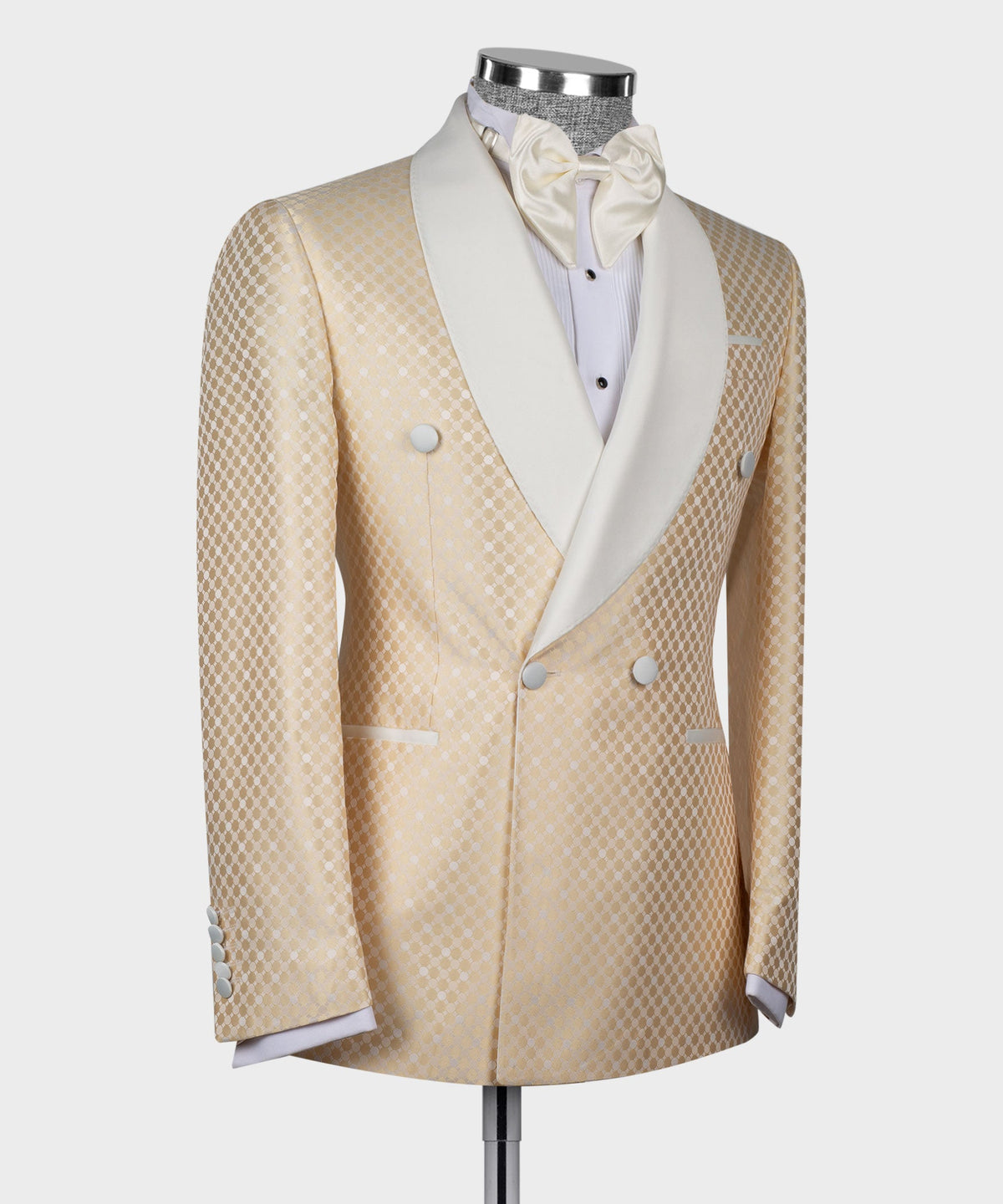 Cream Pin-Dot Patterned Double-Breasted Tuxedo