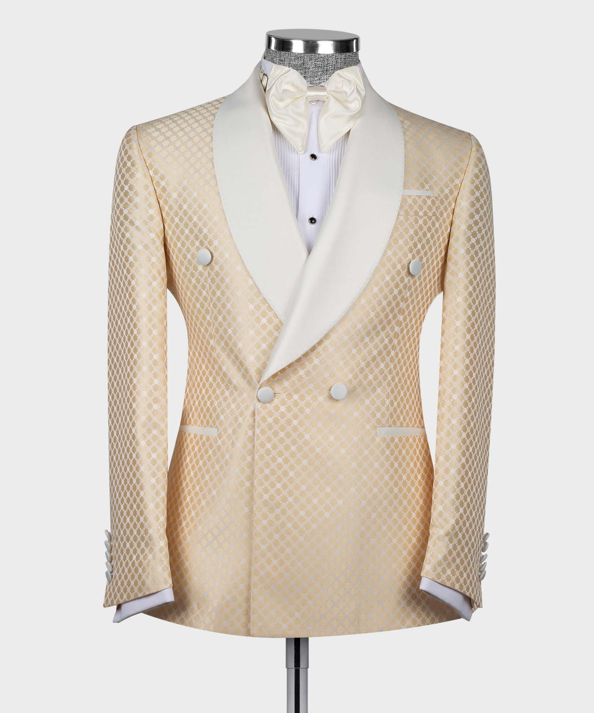 Cream Pin-Dot Patterned Double-Breasted Tuxedo