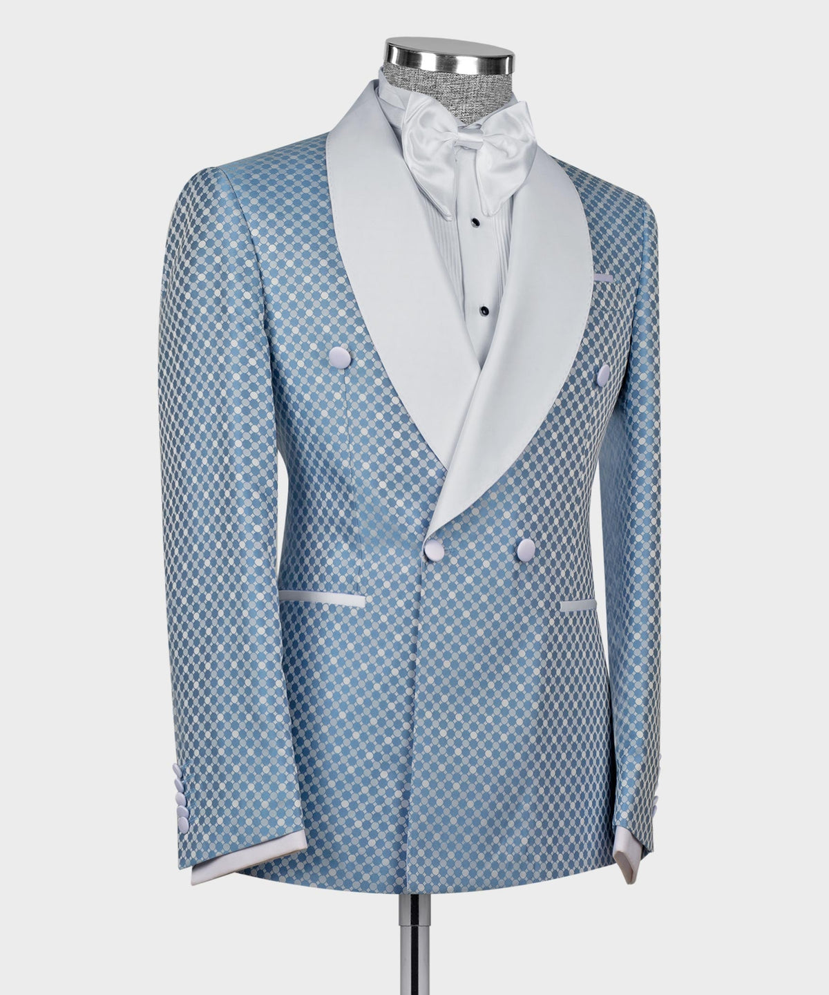 Blue Pin-Dot Patterned Double-Breasted Tuxedo