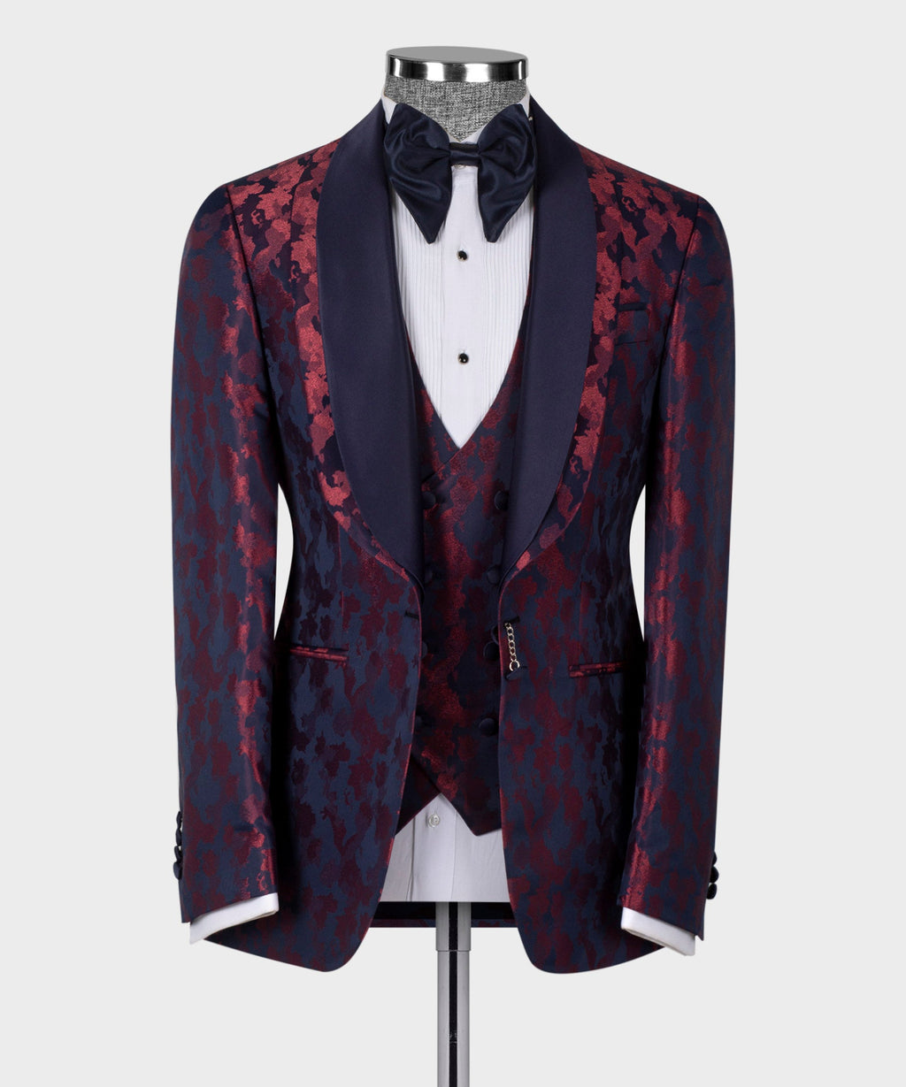 Dark Blue Double Lapel Burgundy Tuxedo