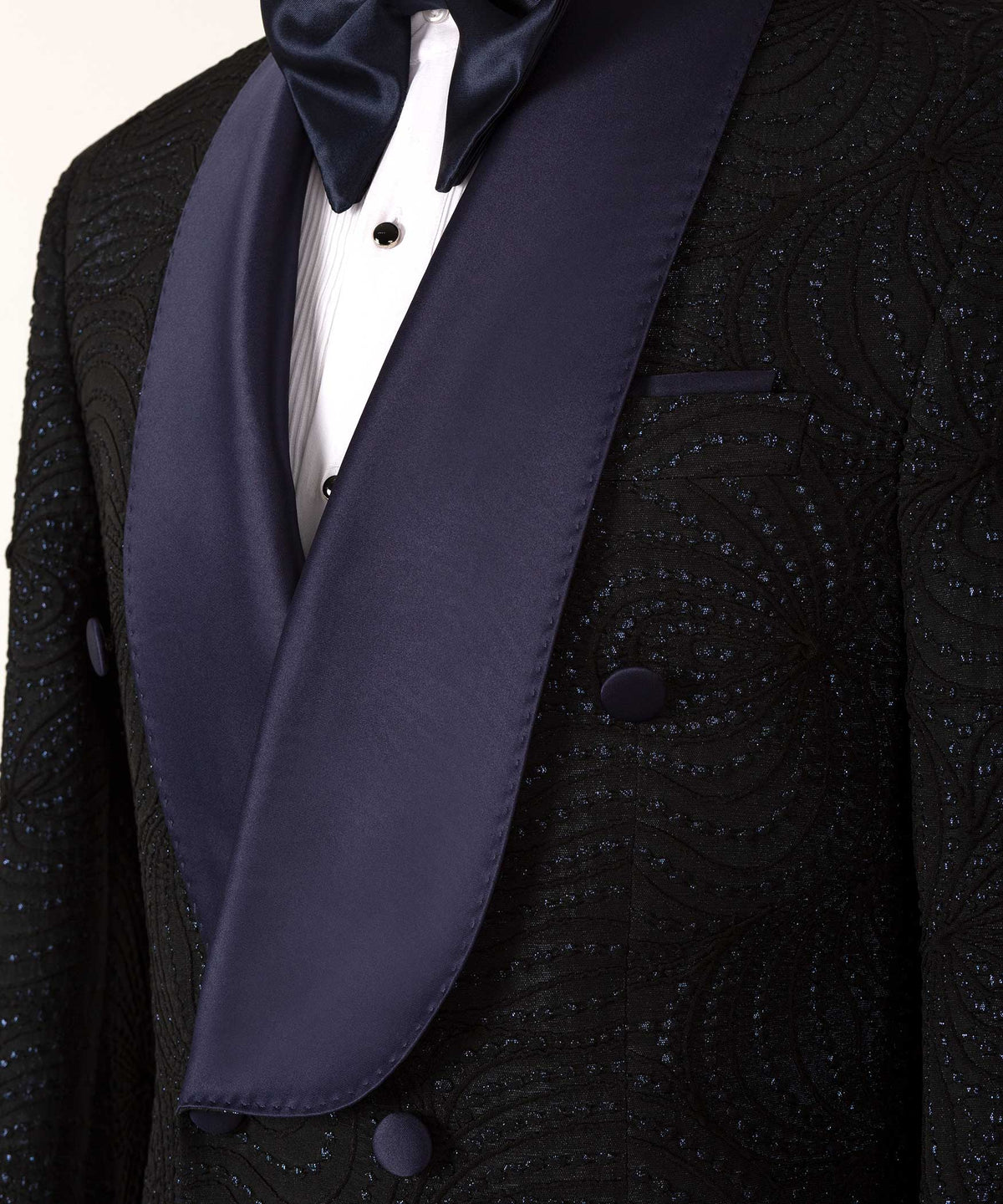 Navy Blue Lustrous Patterned Black Color Double-Breasted Tuxedo