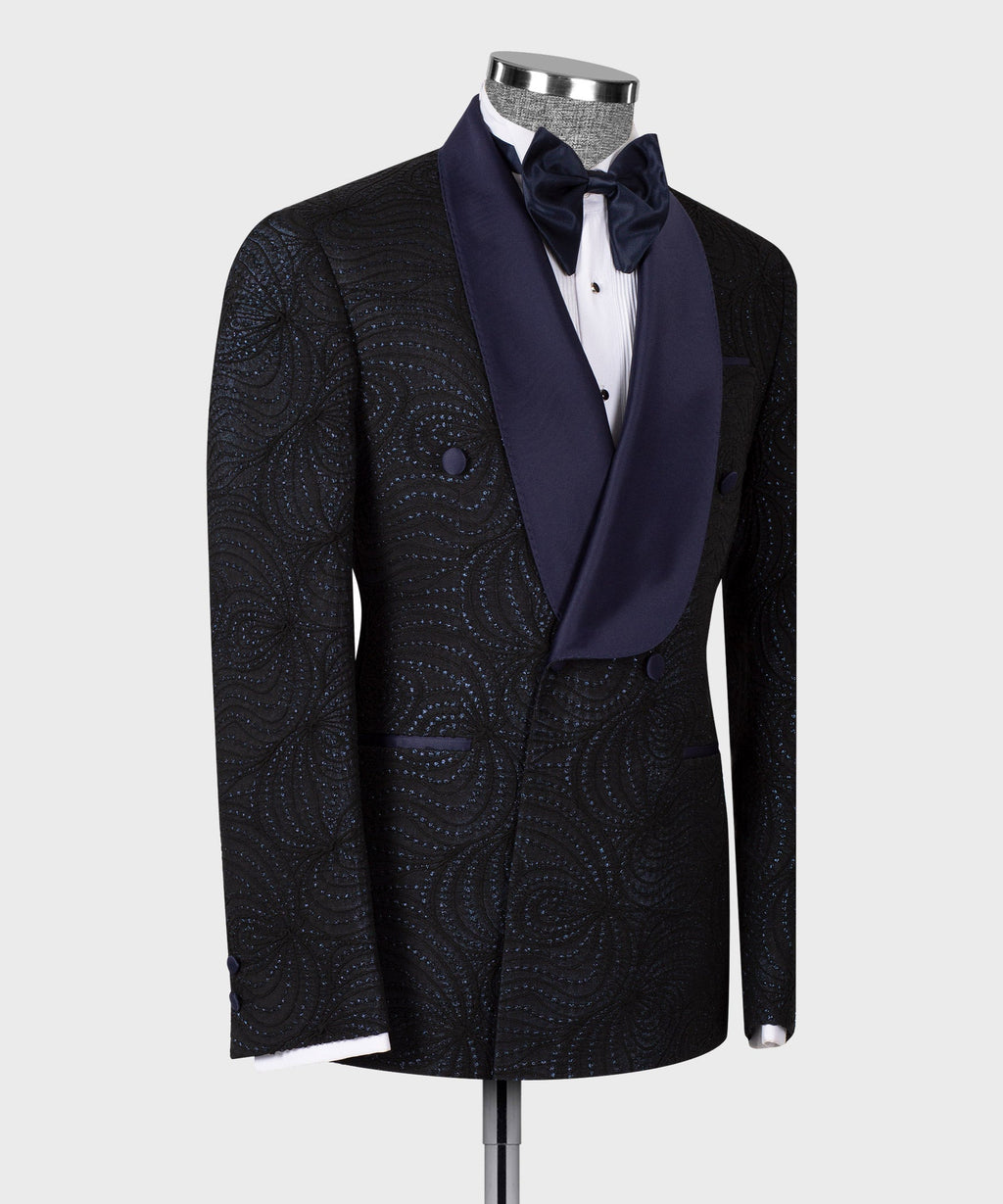 Navy Blue Lustrous Patterned Black Color Double-Breasted Tuxedo