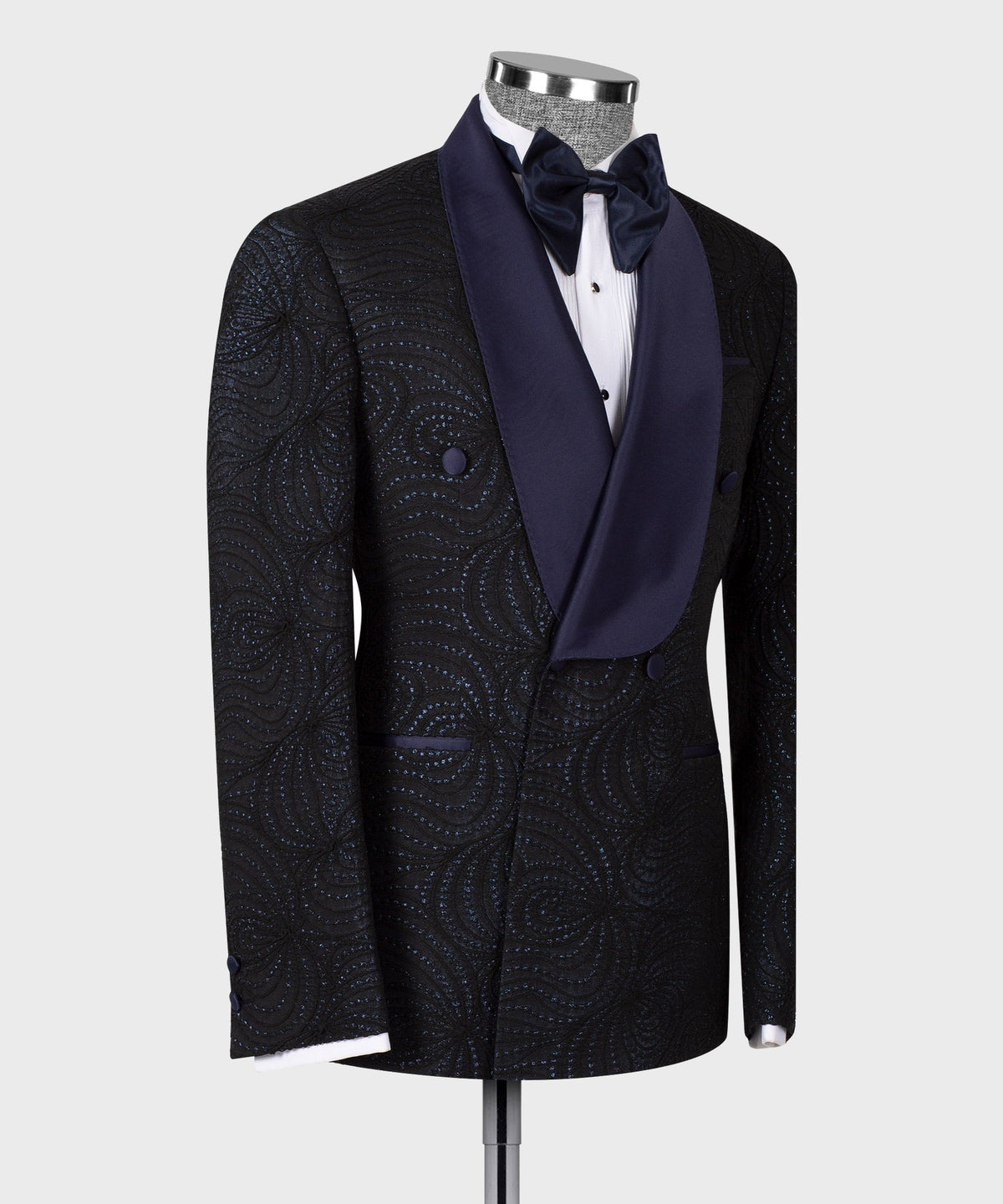 Navy Blue Lustrous Patterned Black Color Double-Breasted Tuxedo