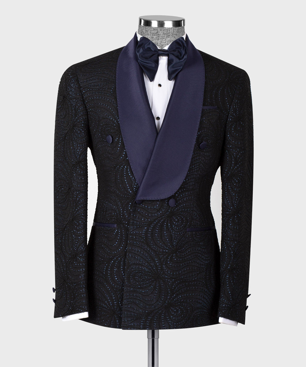 Navy Blue Lustrous Patterned Black Color Double-Breasted Tuxedo