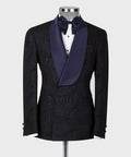 Navy Blue Lustrous Patterned Black Color Double-Breasted Tuxedo