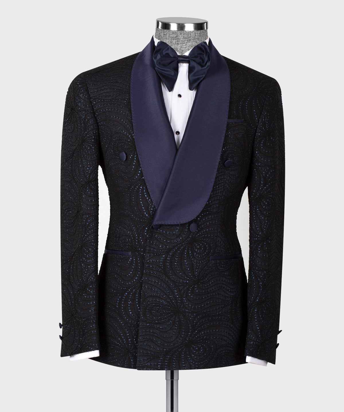 Navy Blue Lustrous Patterned Black Color Double-Breasted Tuxedo