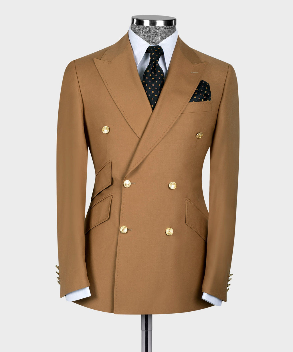 Gold Six Button Dark Camel Double-Breasted Suit