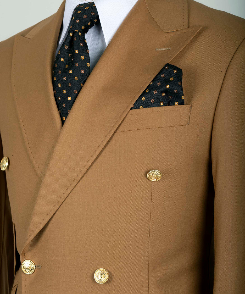 Gold Six Button Dark Camel Double-Breasted Suit