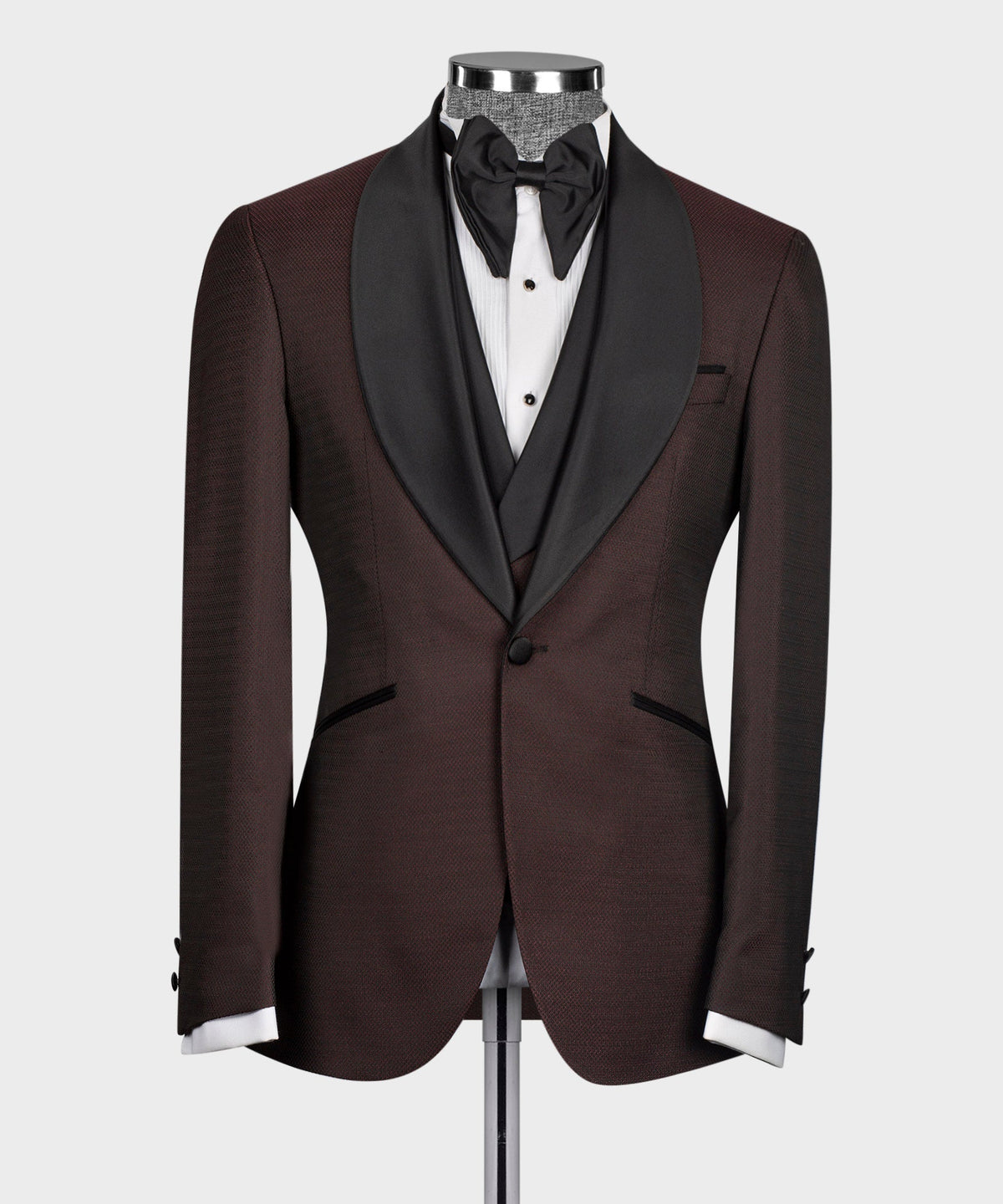 Black Satin-Lapel Burgundy Tuxedo