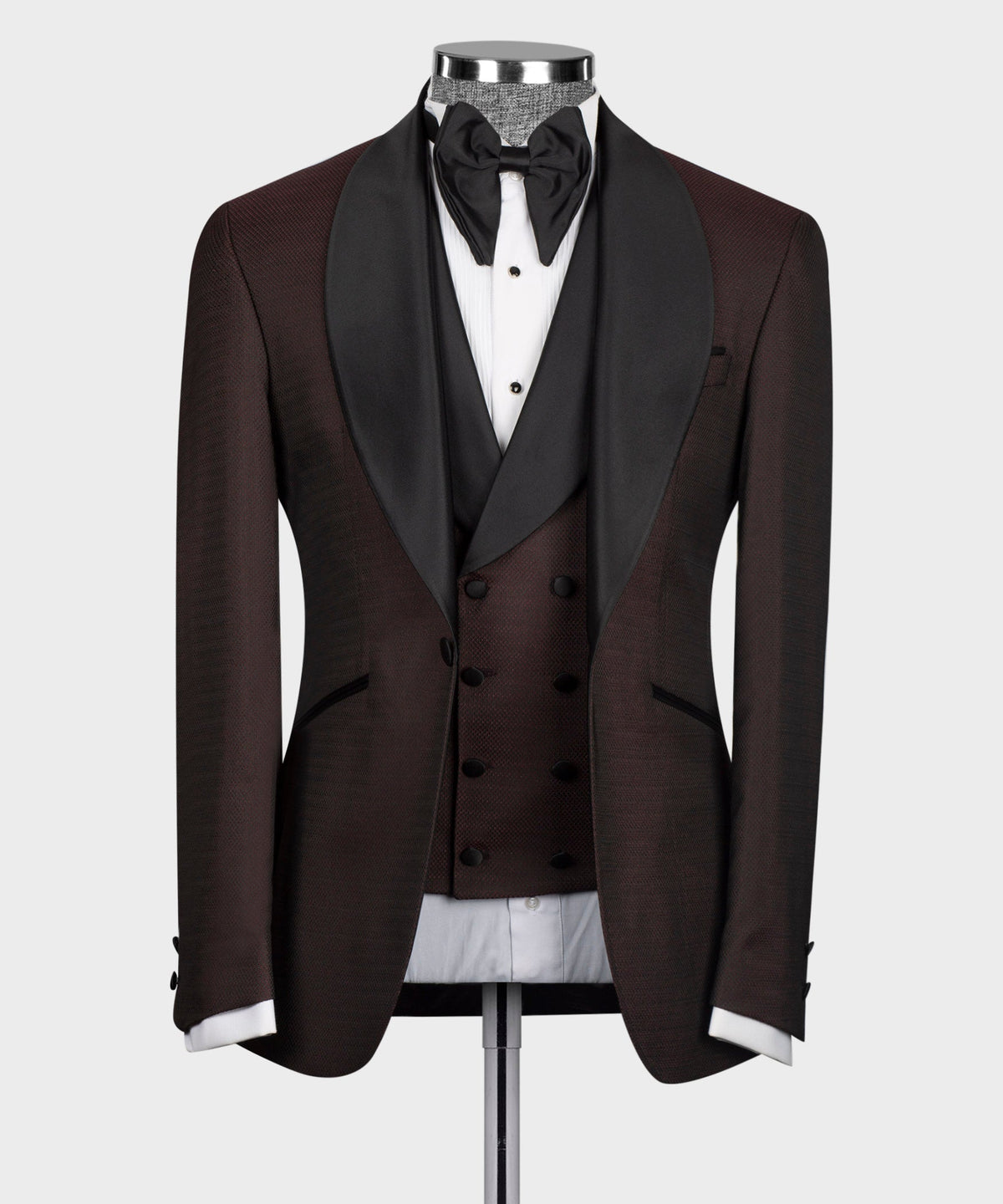Black Satin-Lapel Burgundy Tuxedo