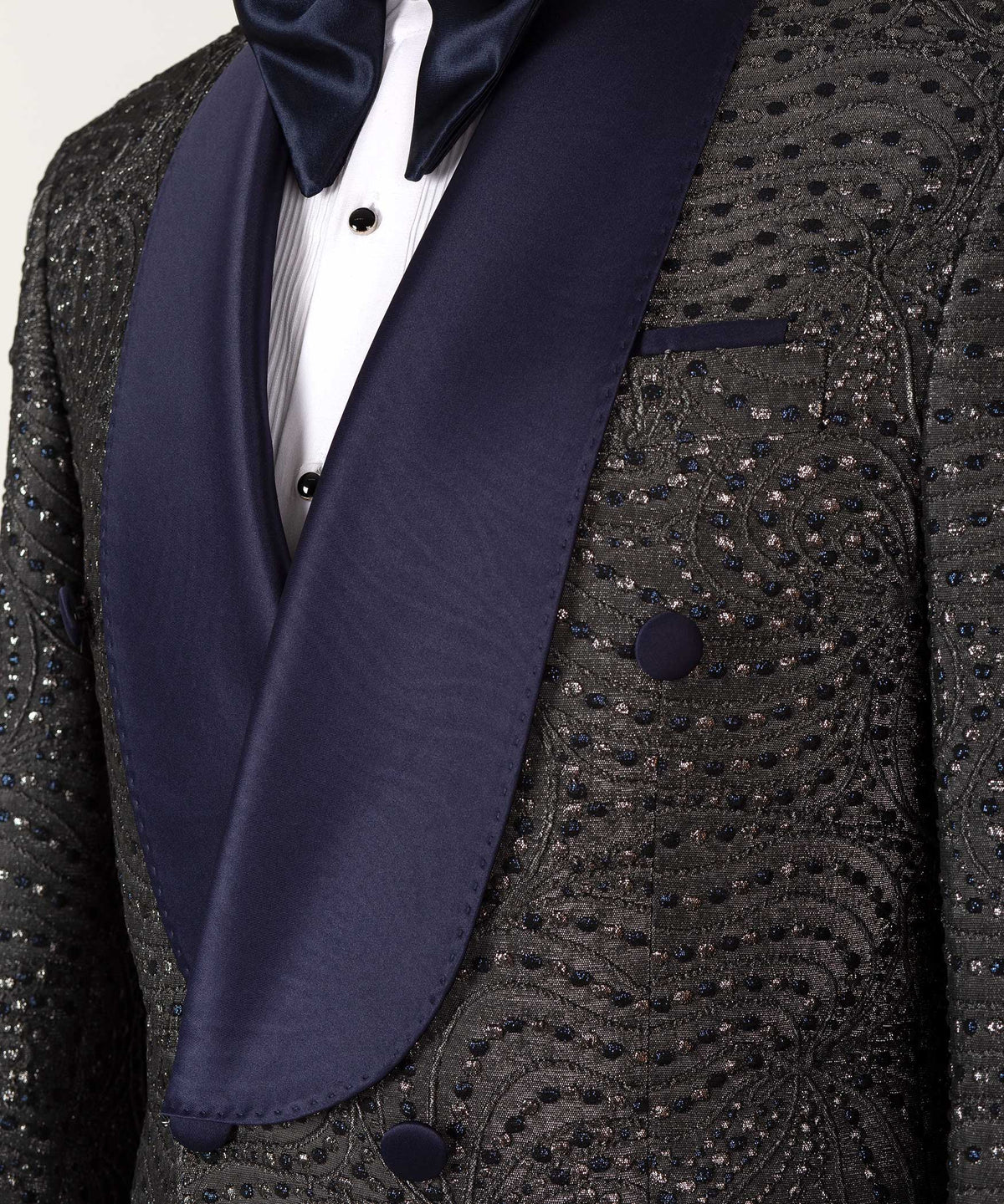 Navy Blue Patterned Grey Color Double-Breasted Tuxedo
