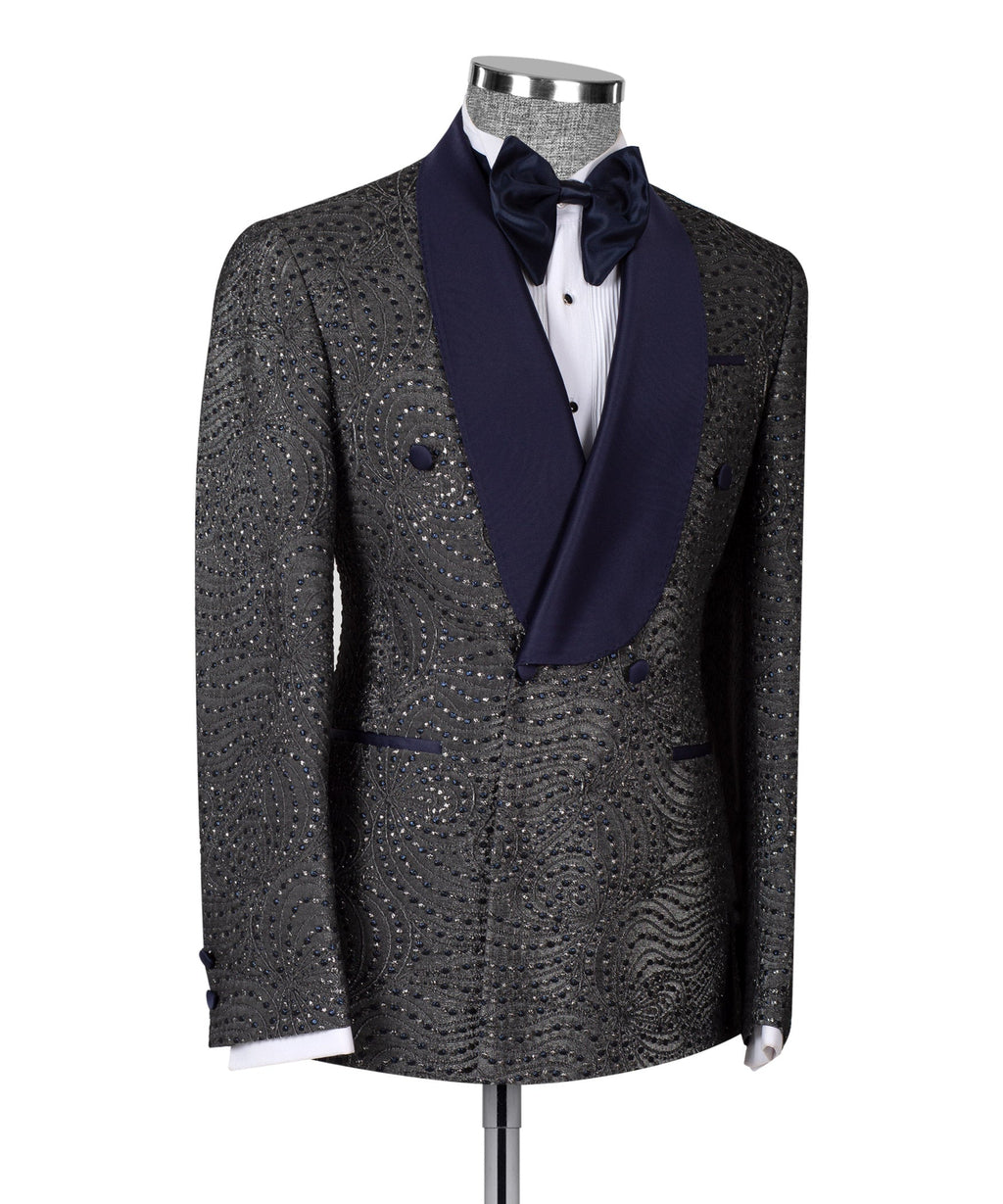 Navy Blue Patterned Grey Color Double-Breasted Tuxedo