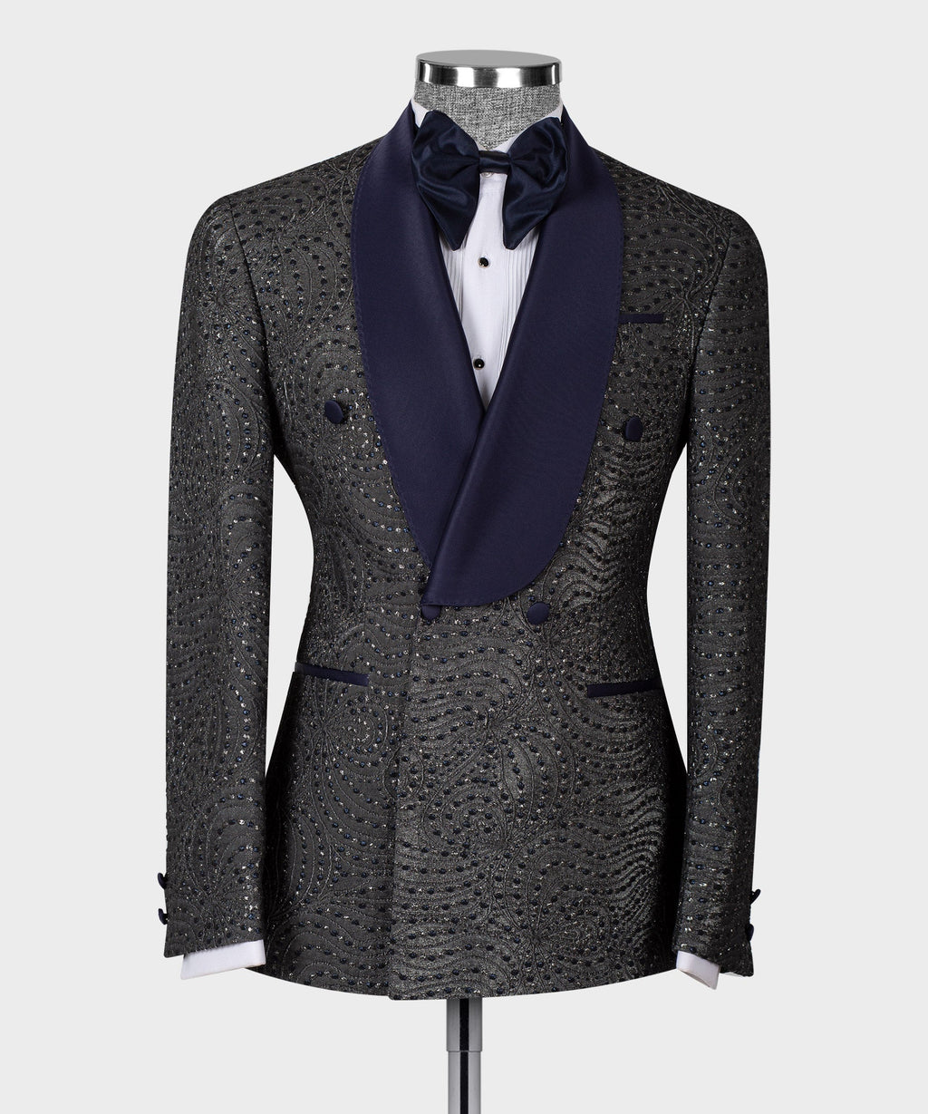 Navy Blue Patterned Grey Color Double-Breasted Tuxedo