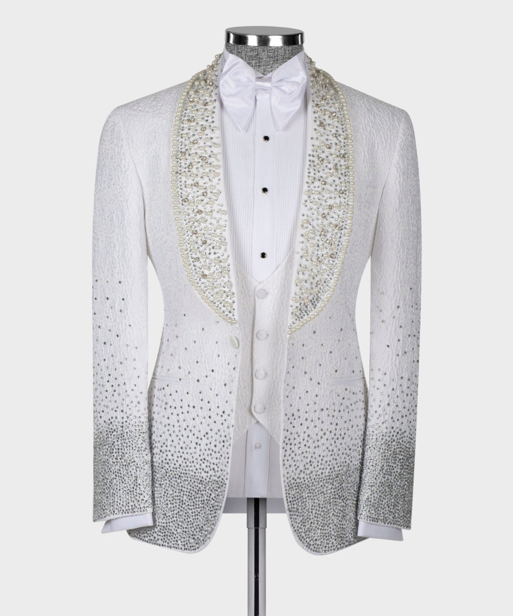 Gemstone-Embellished White Statement Tuxedo - Style 02