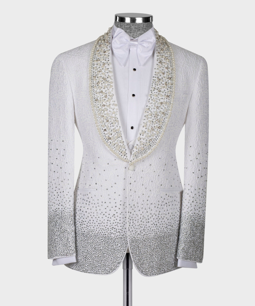 Gemstone-Embellished White Statement Tuxedo - Style 02