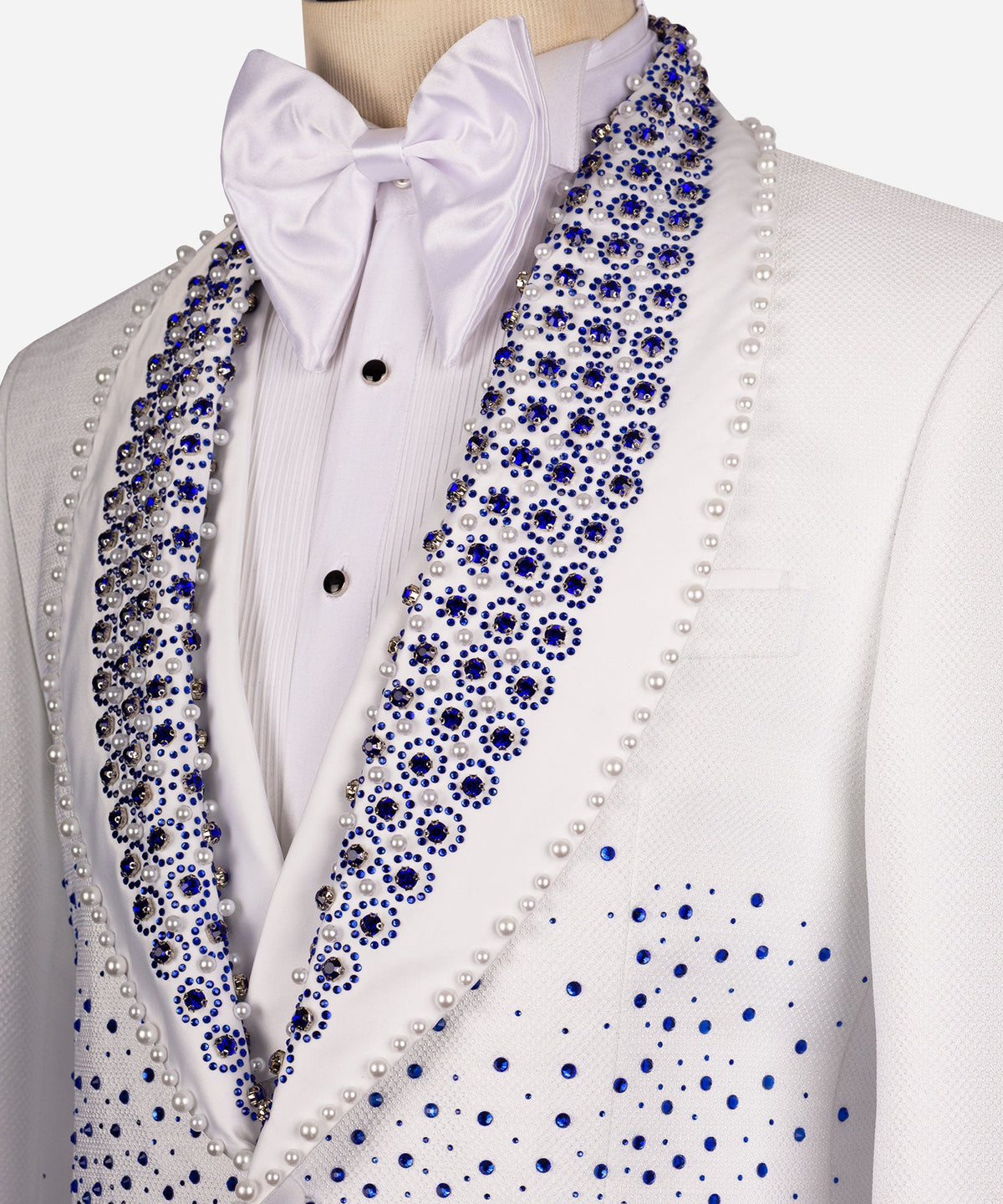 Blue Gemstone-Embellished White Statement Tuxedo
