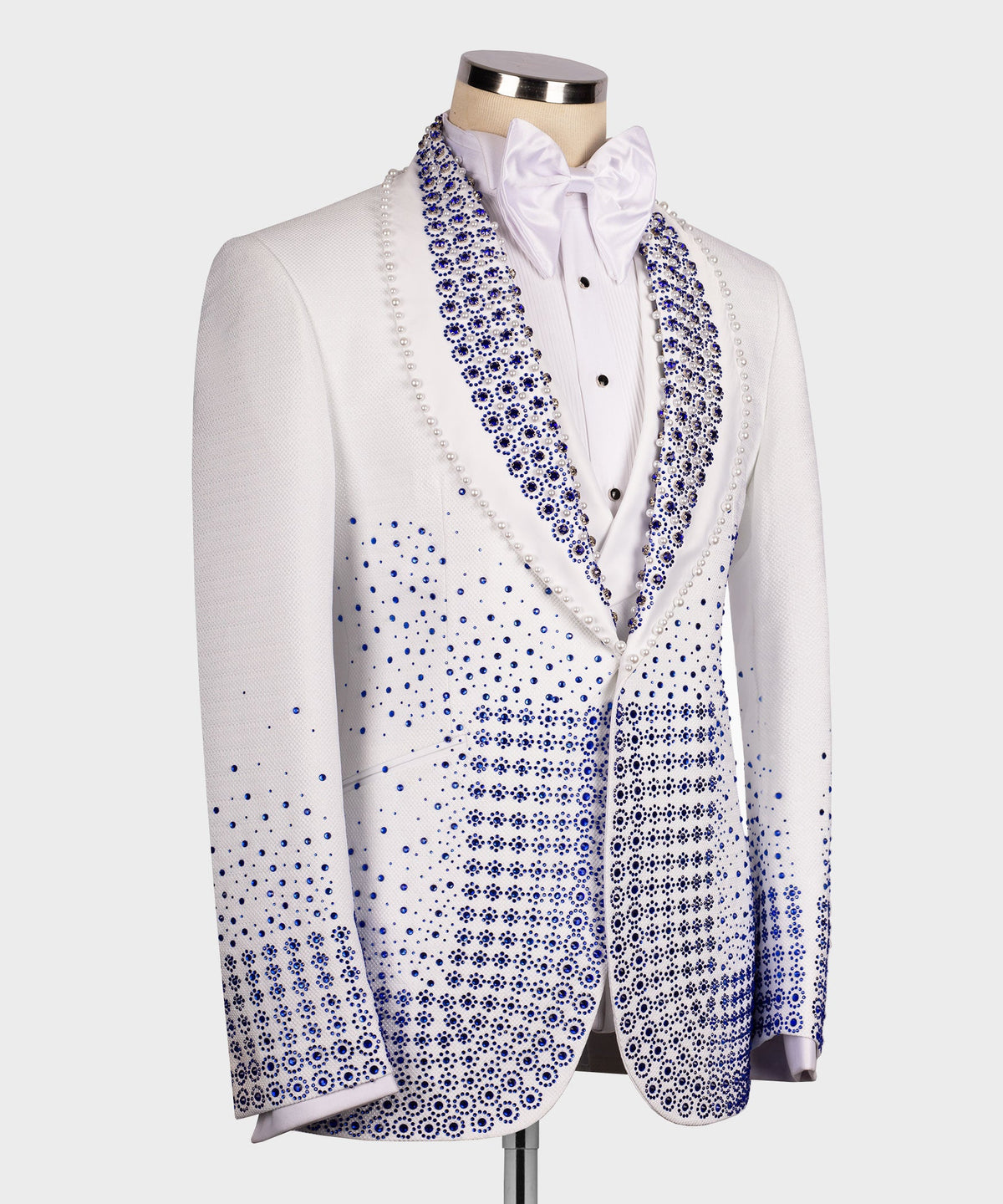 Blue Gemstone-Embellished White Statement Tuxedo