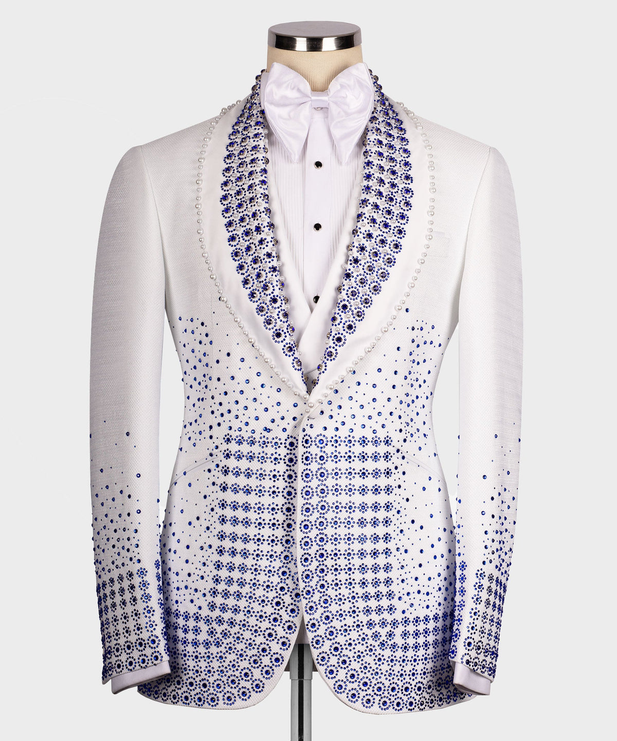 Blue Gemstone-Embellished White Statement Tuxedo