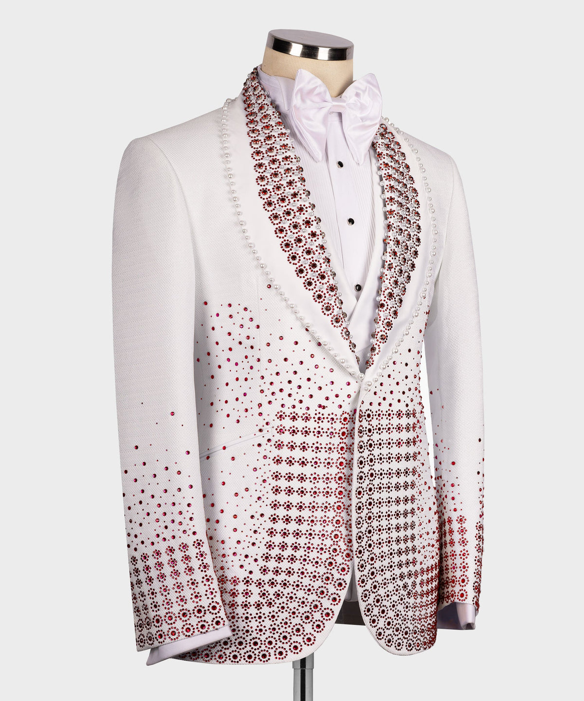 Red Gemstone-Embellished White Statement Tuxedo