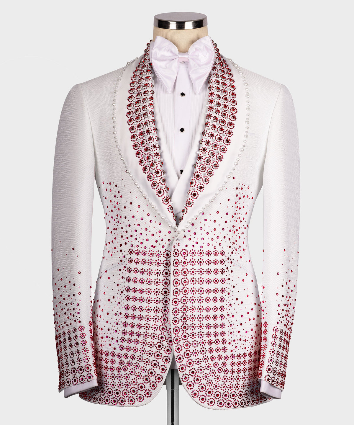 Red Gemstone-Embellished White Statement Tuxedo