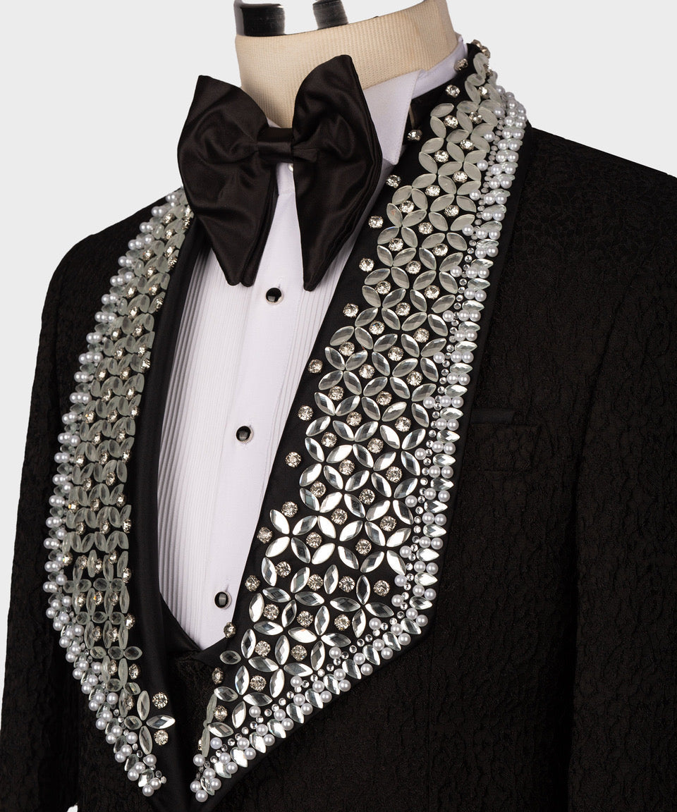 Gray Gemstone Black Lapel Statement Tuxedo