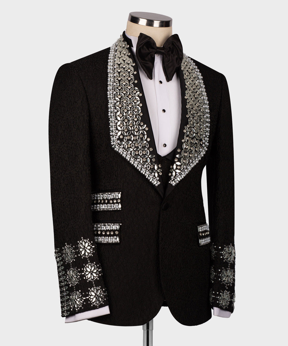 Gray Gemstone Black Lapel Statement Tuxedo
