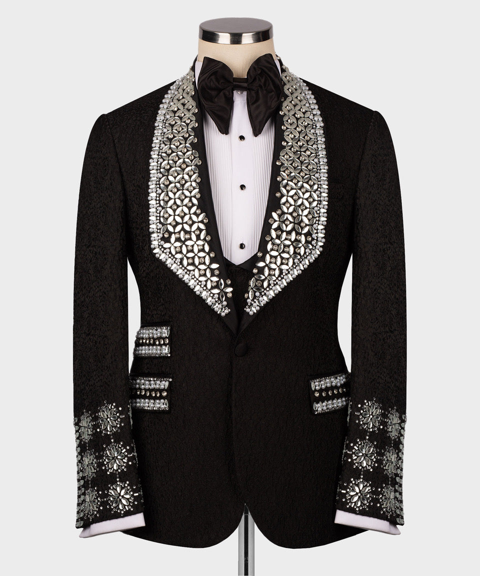 Gray Gemstone Black Lapel Statement Tuxedo