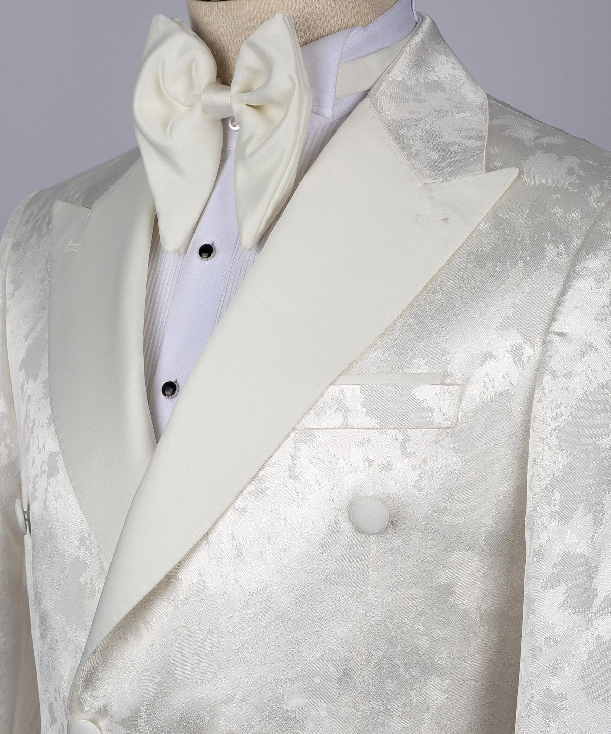 Cream Satin-Lapel White Patterned Tuxedo