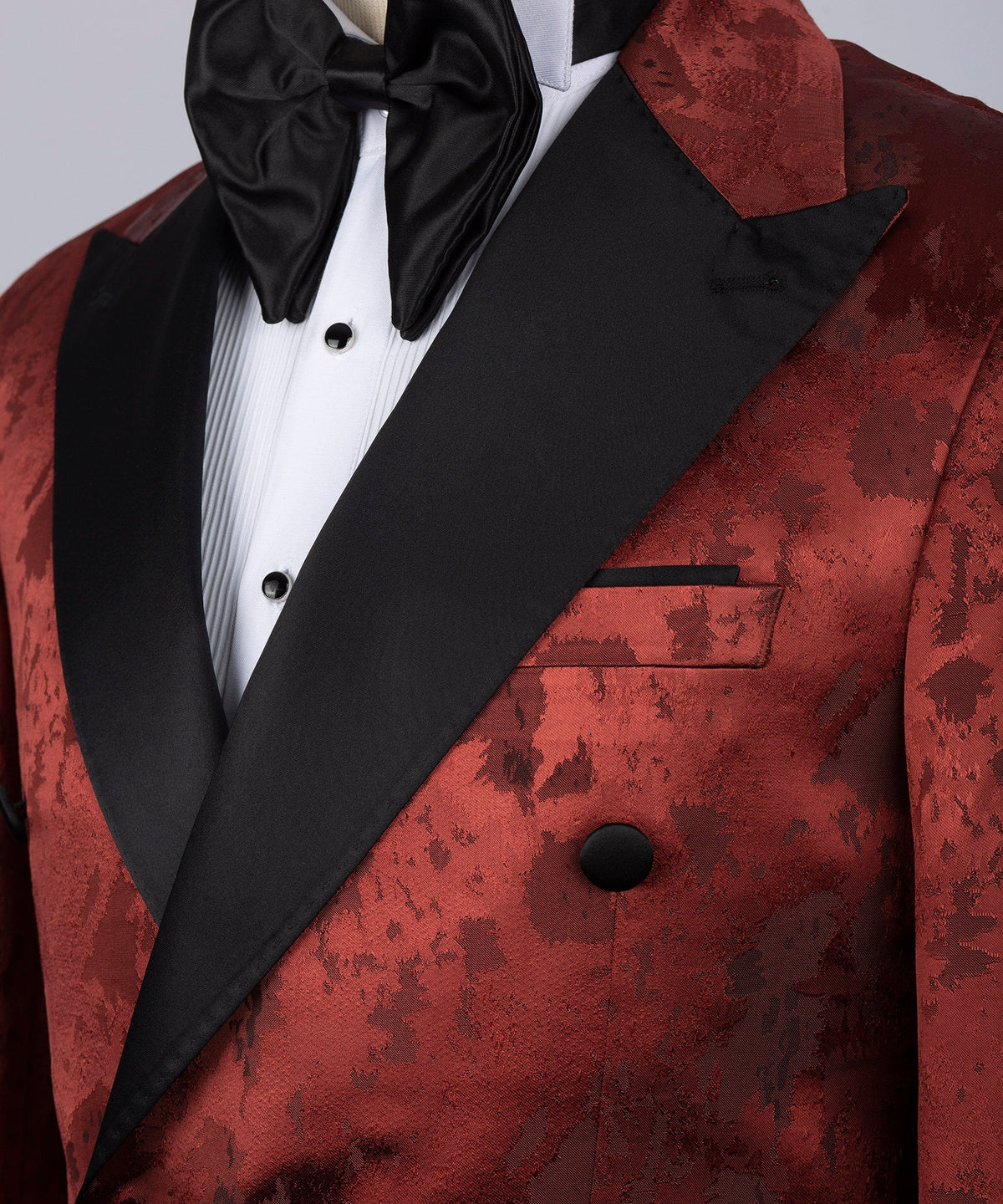 Black Satin-Lapel Dark Red Patterned Tuxedo