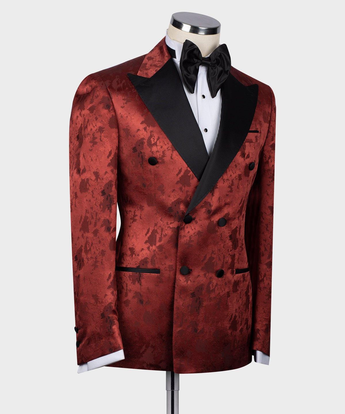 Black Satin-Lapel Dark Red Patterned Tuxedo