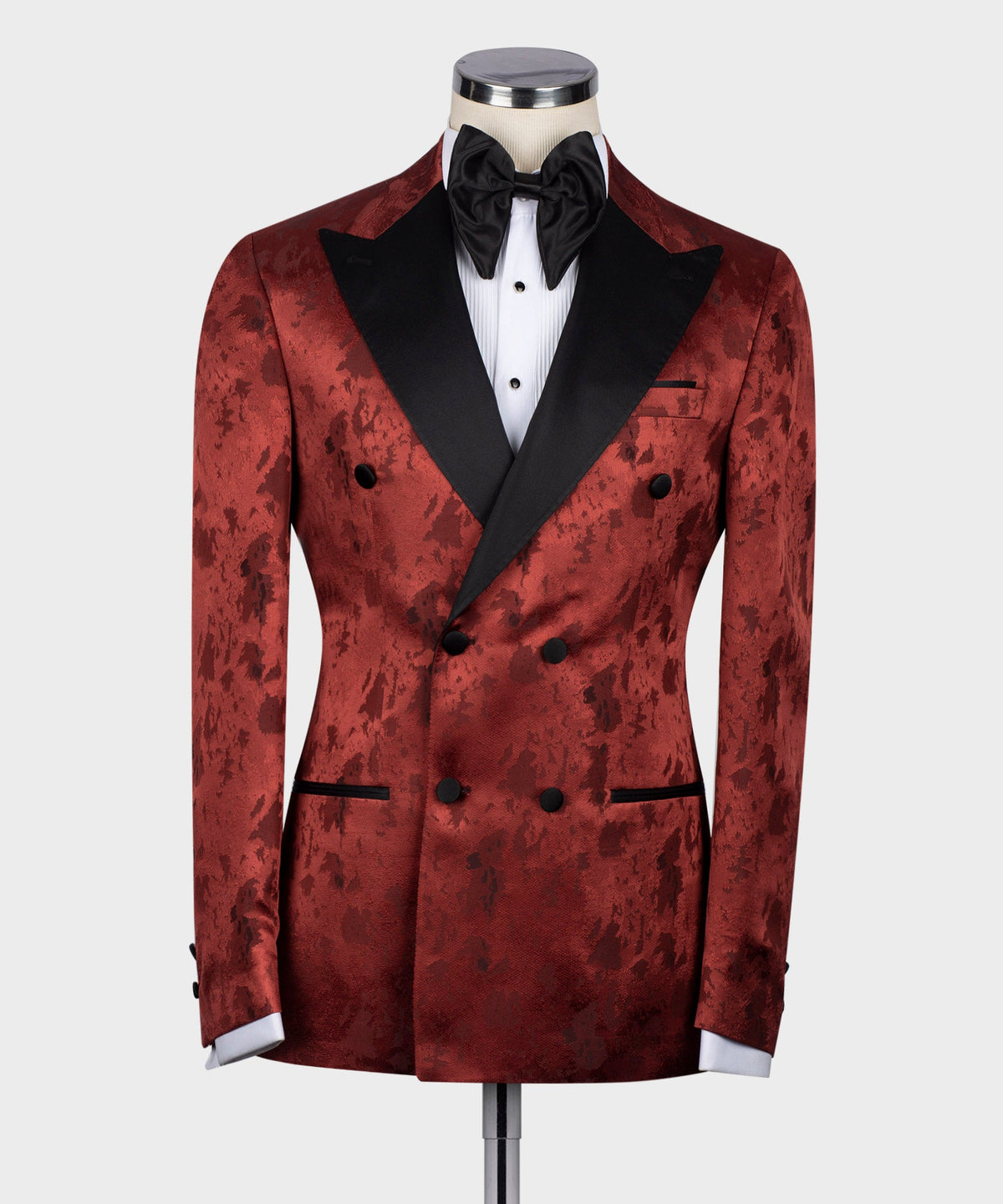 Black Satin-Lapel Dark Red Patterned Tuxedo