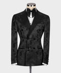 Black Satin-Lapel Black Patterned Tuxedo