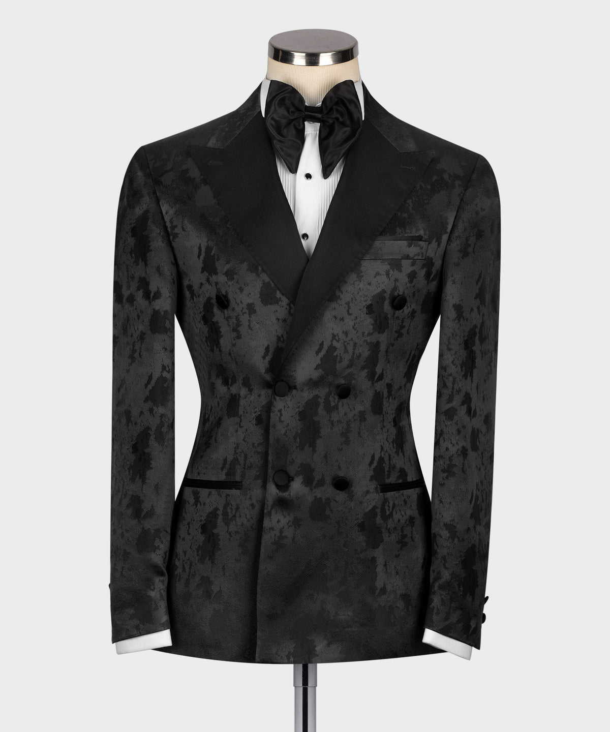 Black Satin-Lapel Black Patterned Tuxedo