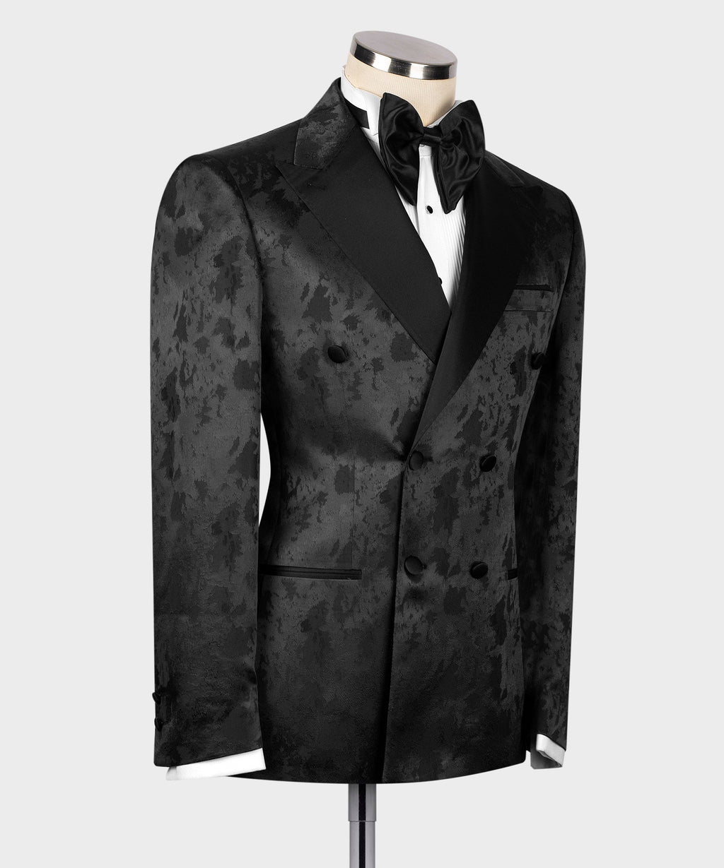 Black Satin-Lapel Black Patterned Tuxedo