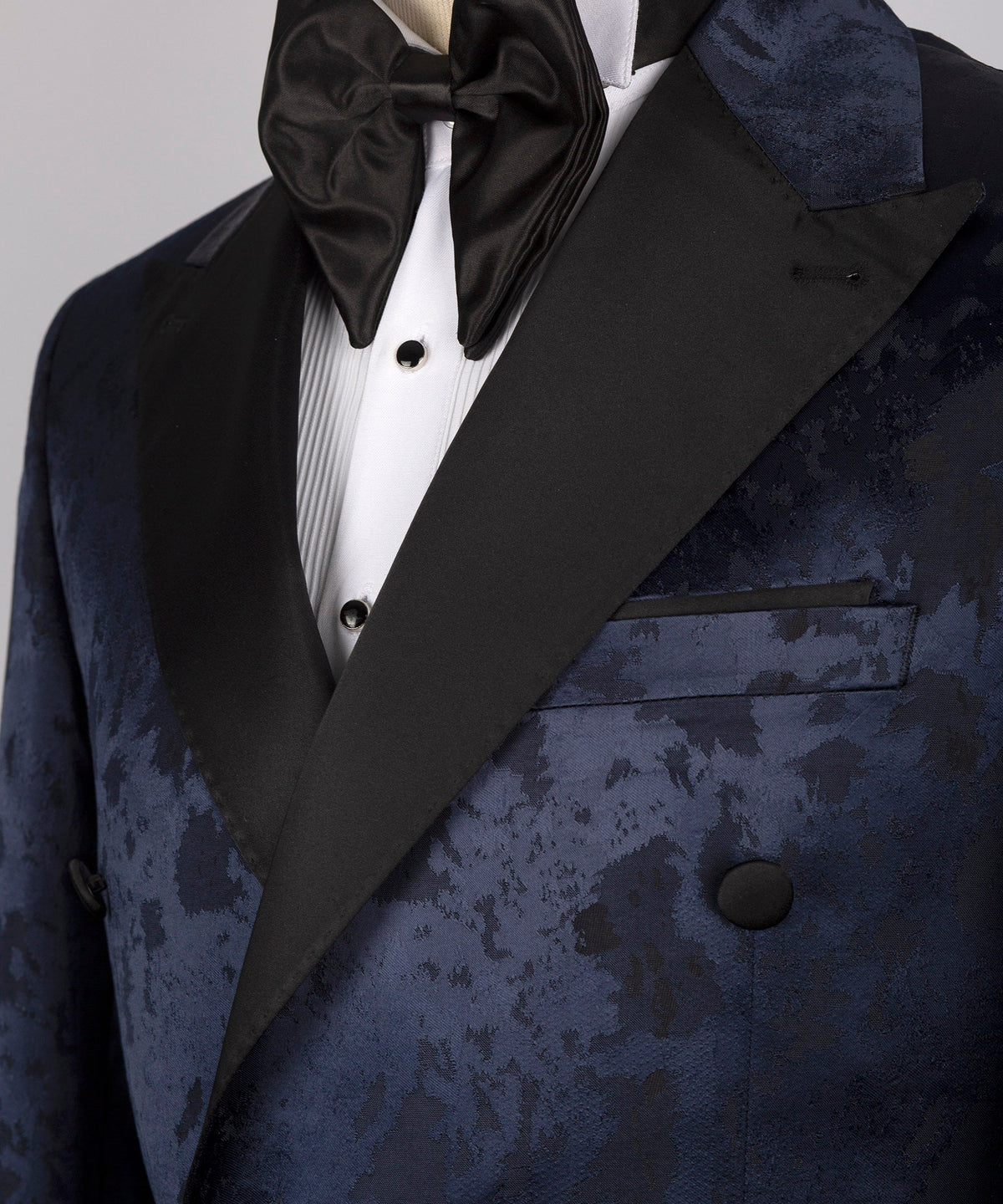 Black Satin-Lapel Dark Blue Patterned Tuxedo