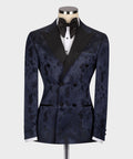 Black Satin-Lapel Dark Blue Patterned Tuxedo