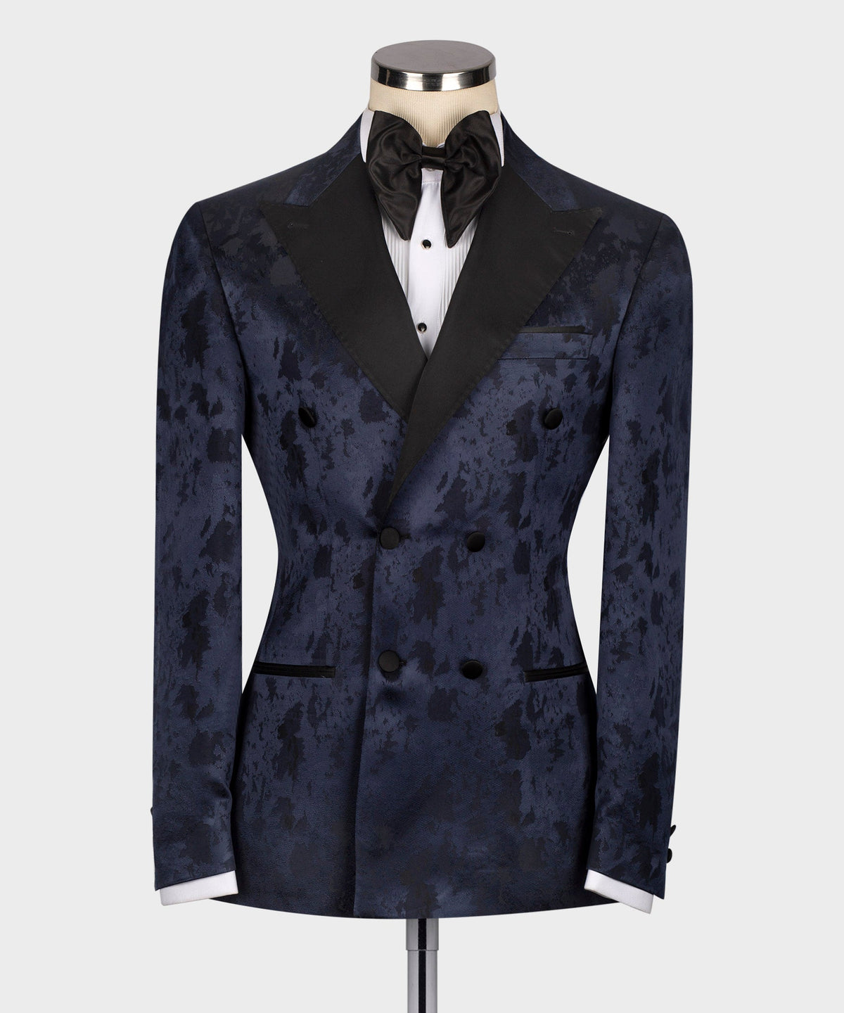 Black Satin-Lapel Dark Blue Patterned Tuxedo