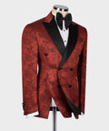 Black Satin-Lapel Burgundy Patterned Tuxedos
