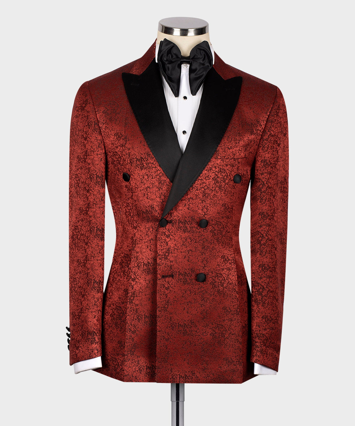 Black Satin-Lapel Burgundy Patterned Tuxedos