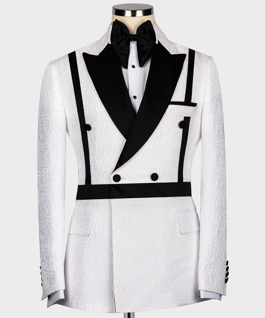 Black and White Self Belted Double-Breasted Tuxedo - Style 01
