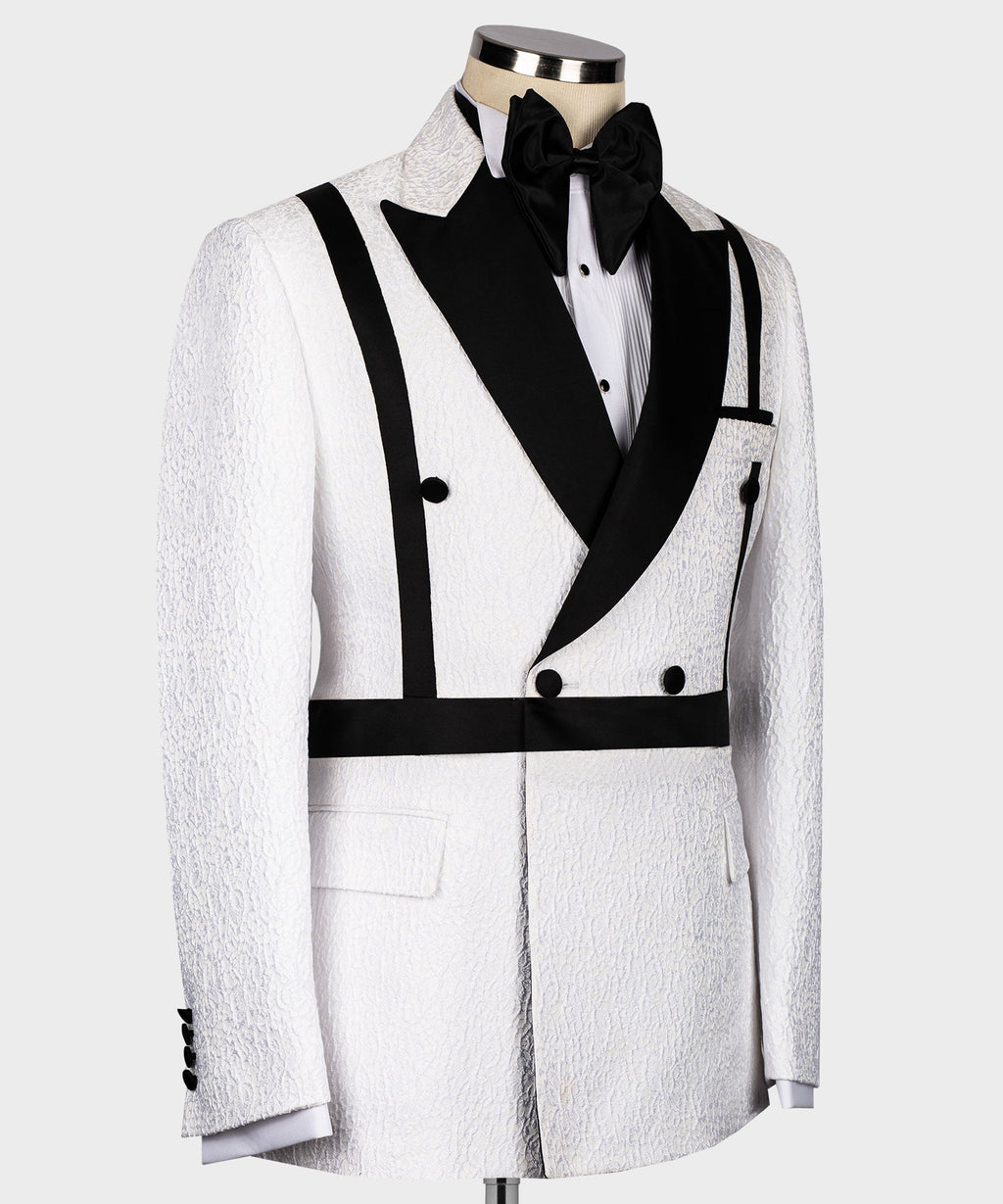 Black and White Self Belted Double-Breasted Tuxedo - Style 01