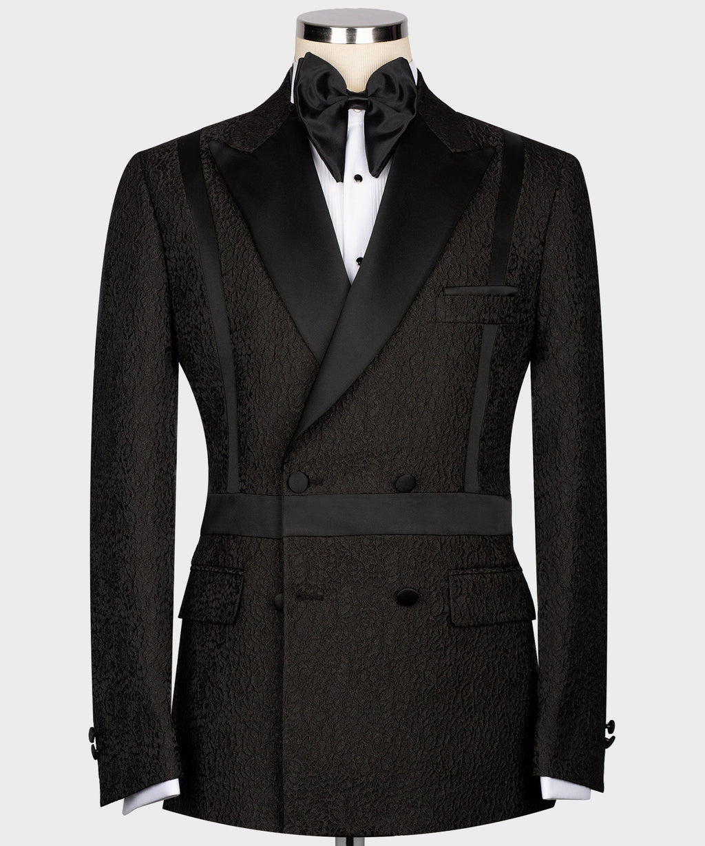 Black and Black Self Belted Double-Breasted Tuxedo