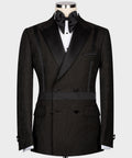 Black and Black Self Belted Double-Breasted Tuxedo